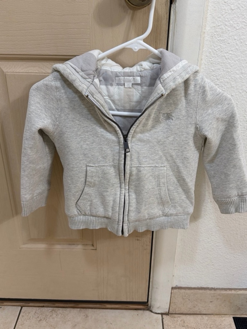 Burberry Light Gray Quilted-Lined Hooded Zip Sweatshirt for Kids